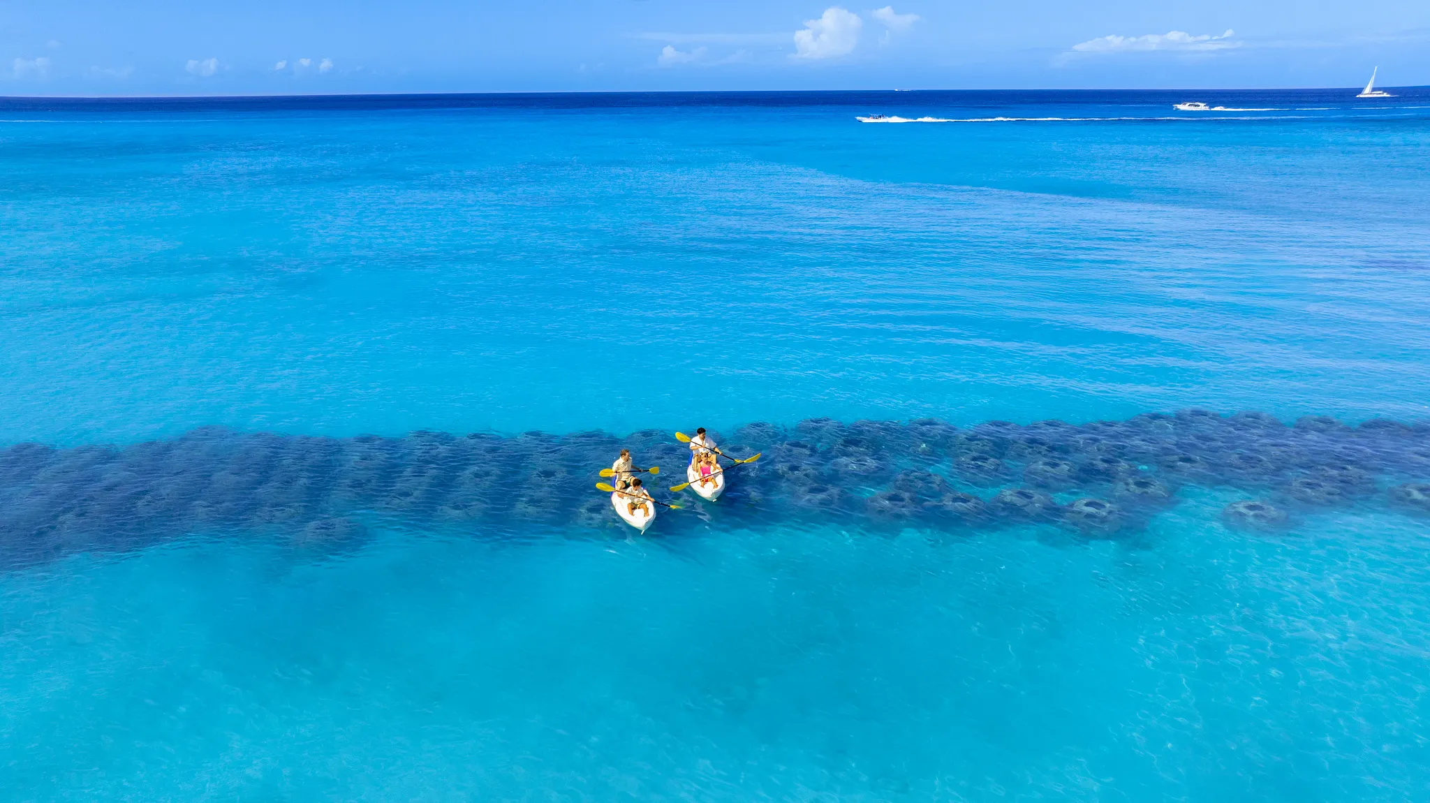 Family kayaking in clear turquoise waters near Sunscape Dominicus La Romana in the Caribbean.
